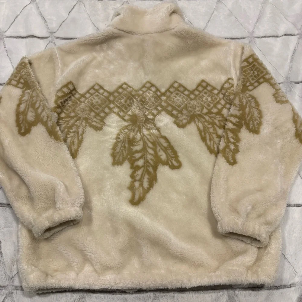 Milton Funwear Plush Fleece Jacket Cream & Beige Feather Design Vtg 90s Med - Picture 7 of 7